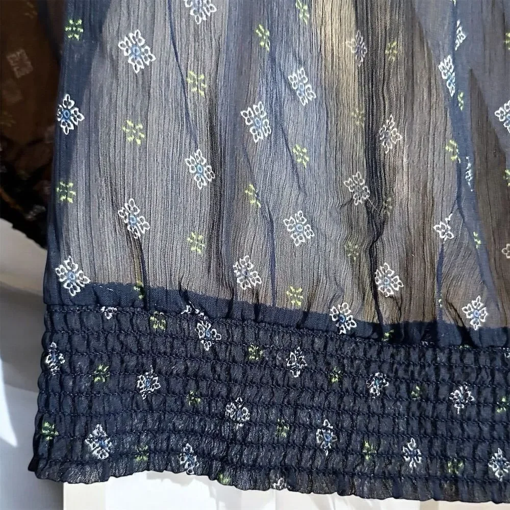Abercrombie & Fitch Navy Sheer Smocked Peasant Top